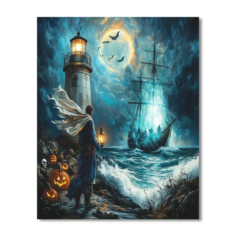 Spooky Lighthouse Keeper And Moonlight Apparition Paint by numbers kits