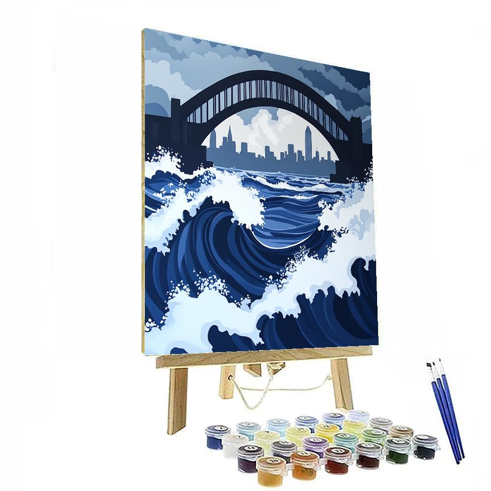 Hokusai Inspired Great Wave Over Modern Bridge Paint by numbers art