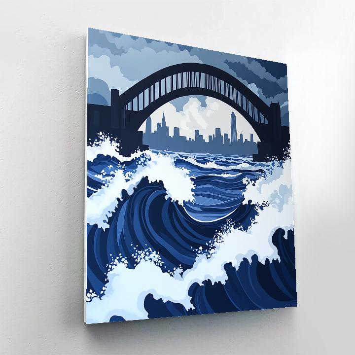Hokusai Inspired Great Wave Over Modern Bridge Paint by numbers art