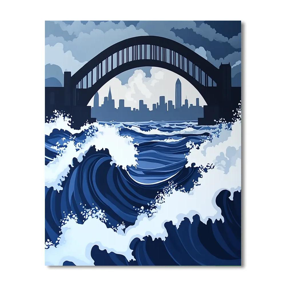 Hokusai Inspired Great Wave Over Modern Bridge Paint by numbers art