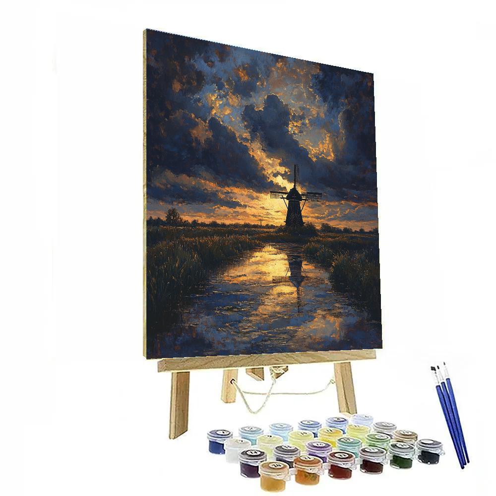 Rembrandt Inspired Silhouetted Windmill At Dusk paint by number