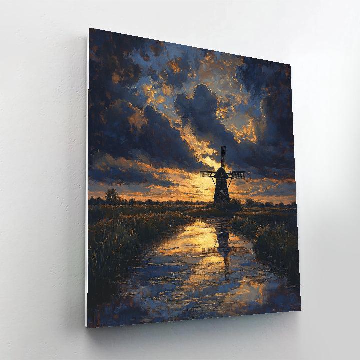 Rembrandt Inspired Silhouetted Windmill At Dusk paint by number