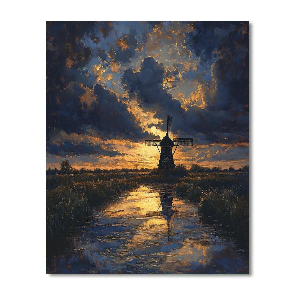 Rembrandt Inspired Silhouetted Windmill At Dusk paint by number