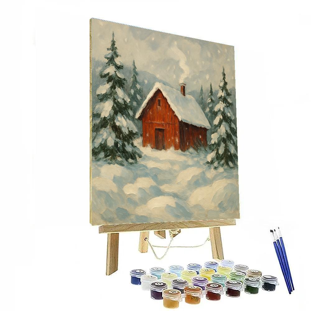 Red Barn On Quiet Snowfield Numbered painting kits