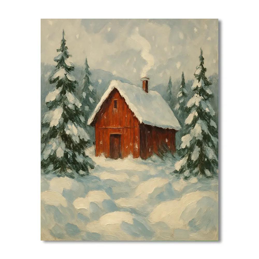 Red Barn On Quiet Snowfield Numbered painting kits