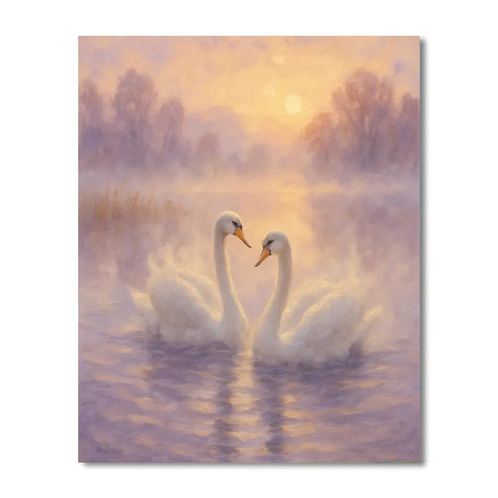 Swans In Misty Lavender Dawn Paint by numbers art