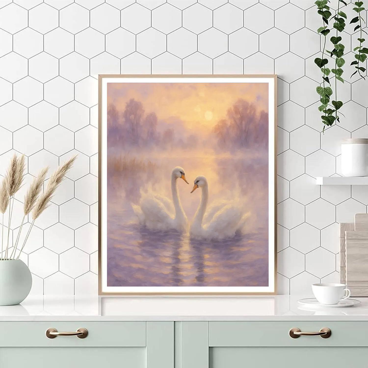 Swans In Misty Lavender Dawn Paint by numbers art