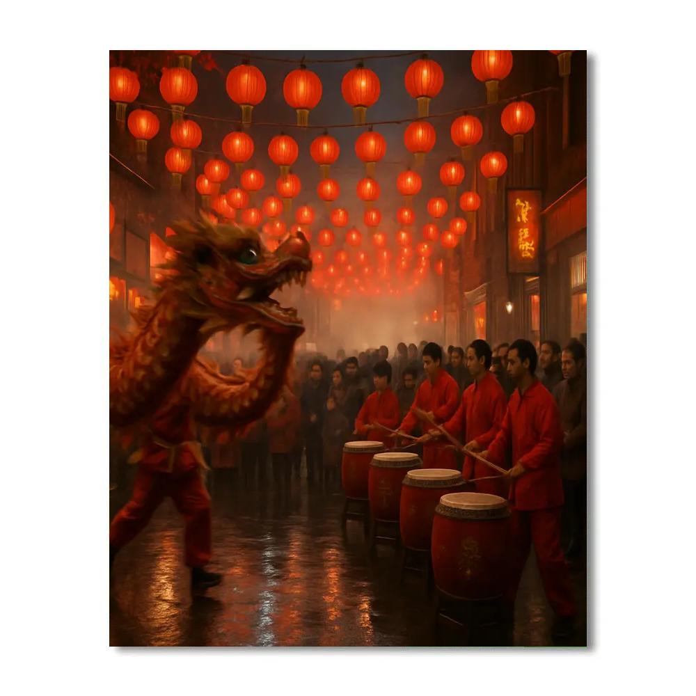 Lunar New Year Dragon Dance Street Scene painting number kit