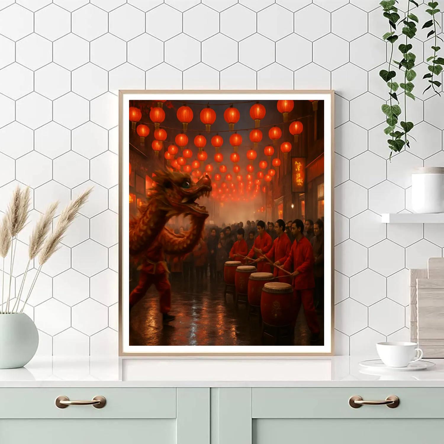 Lunar New Year Dragon Dance Street Scene painting number kit
