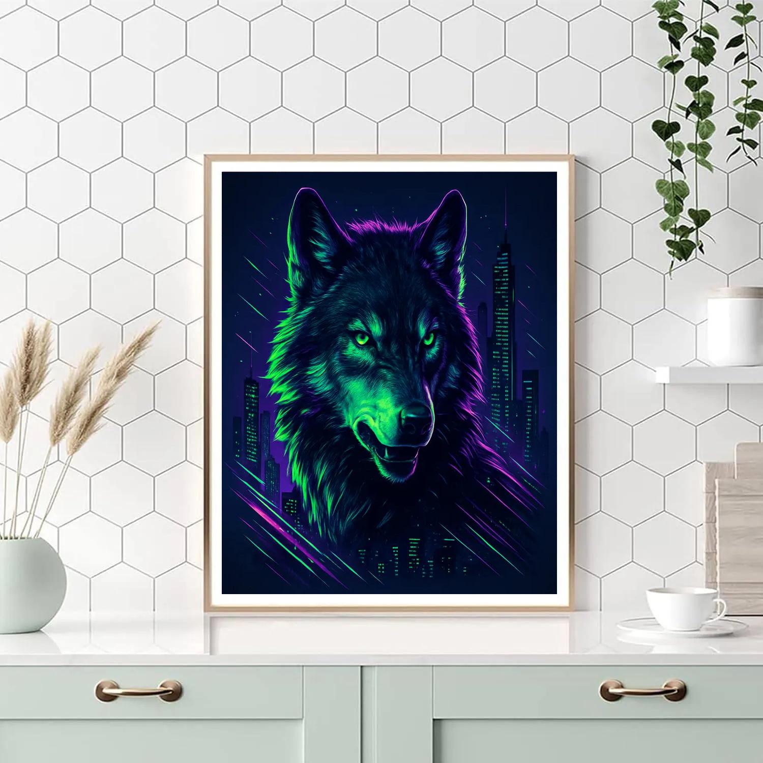 Cityscape Wolf Neon Numbered painting kits
