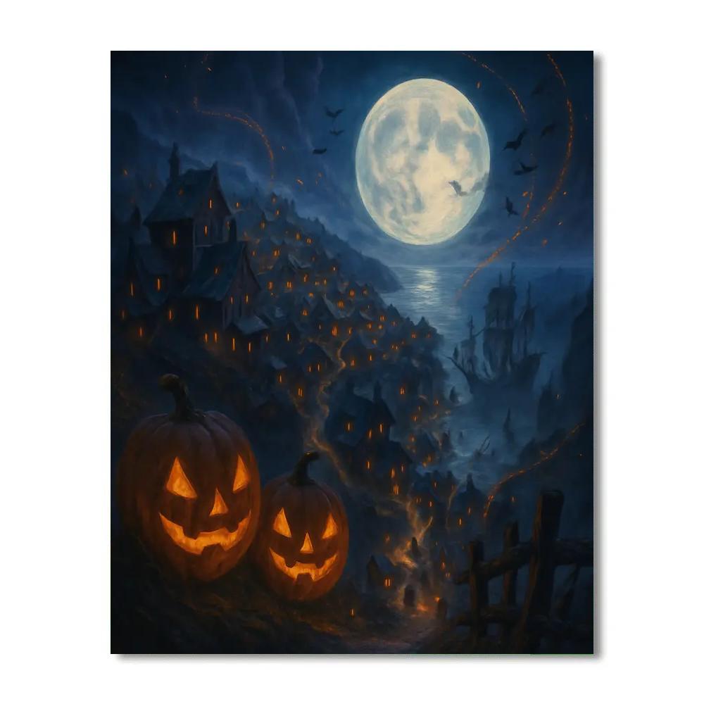 Midnight Pumpkin Harbor Over The Haunted Cove Paint by numbers art