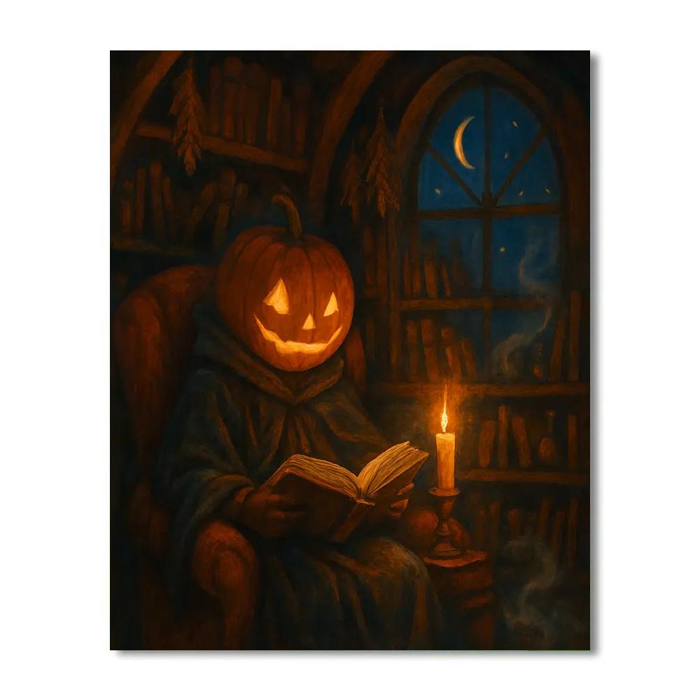 Pumpkin Librarian In The Midnight Reading Nook Paint by numbers art