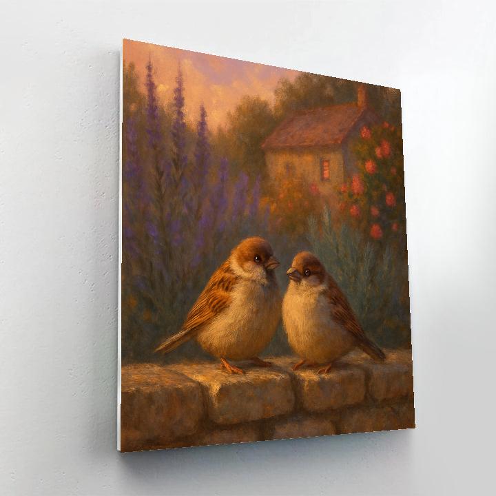 Twilight Sparrows On The Garden Wall paint by color