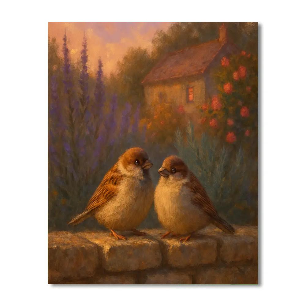 Twilight Sparrows On The Garden Wall paint by color