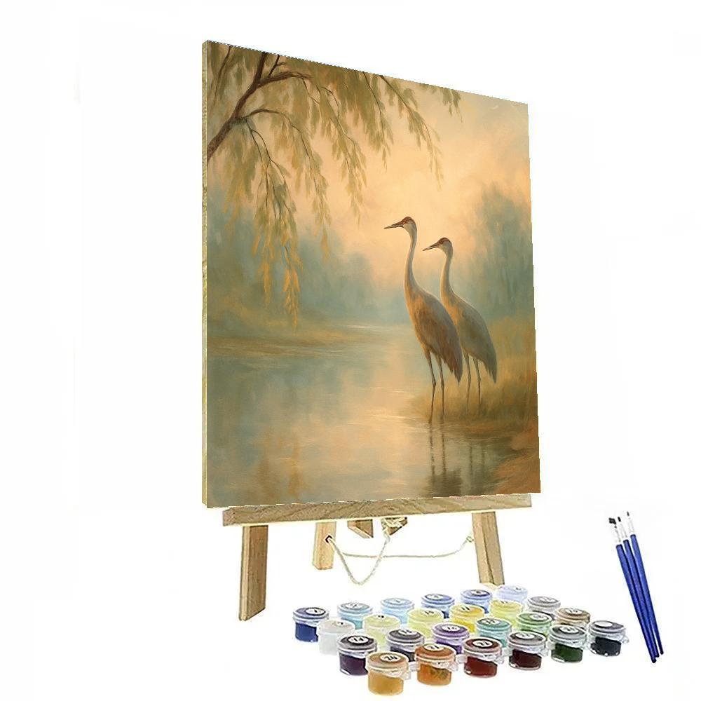 Morning Mist Cranes By The Willow Pond Numbered painting kits