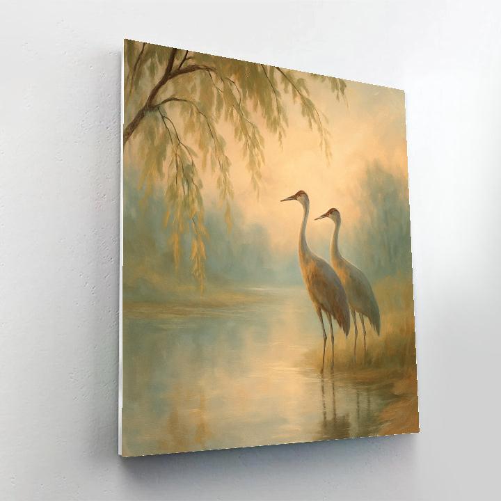 Morning Mist Cranes By The Willow Pond Numbered painting kits