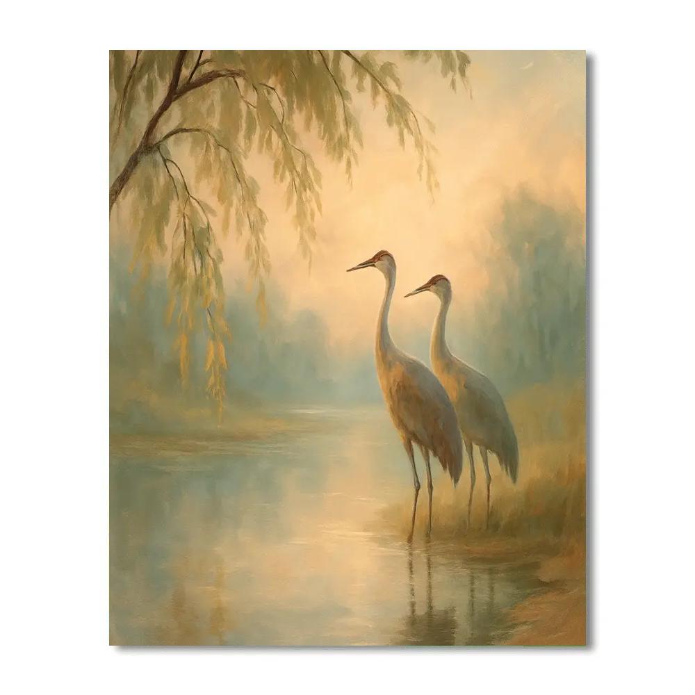 Morning Mist Cranes By The Willow Pond Numbered painting kits