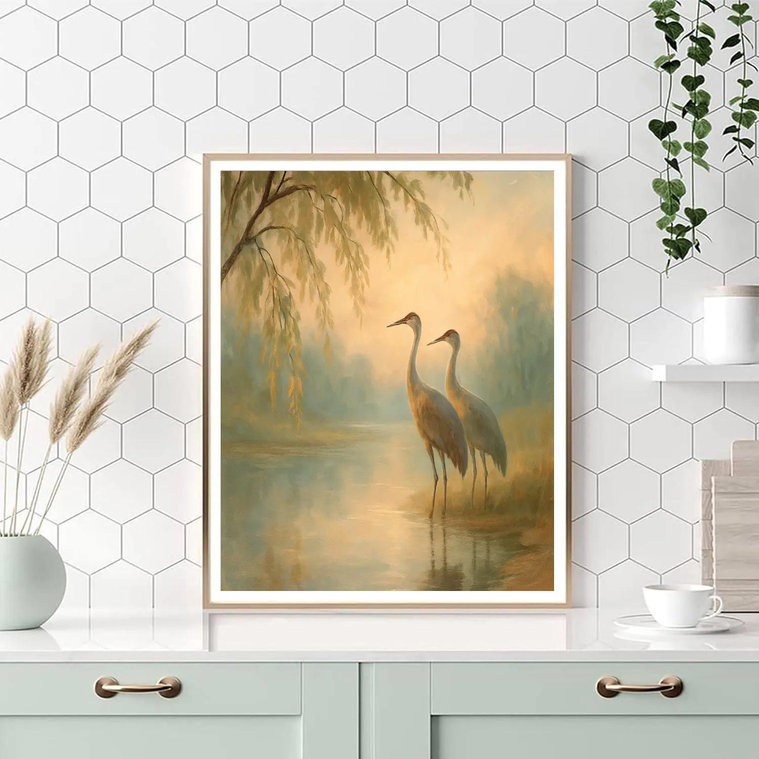 Morning Mist Cranes By The Willow Pond Numbered painting kits