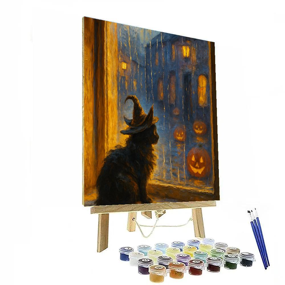 Witch Cat Window Glow On Rainy Halloween Night Painting by numbers kit