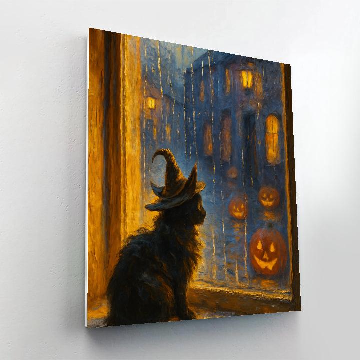 Witch Cat Window Glow On Rainy Halloween Night Painting by numbers kit