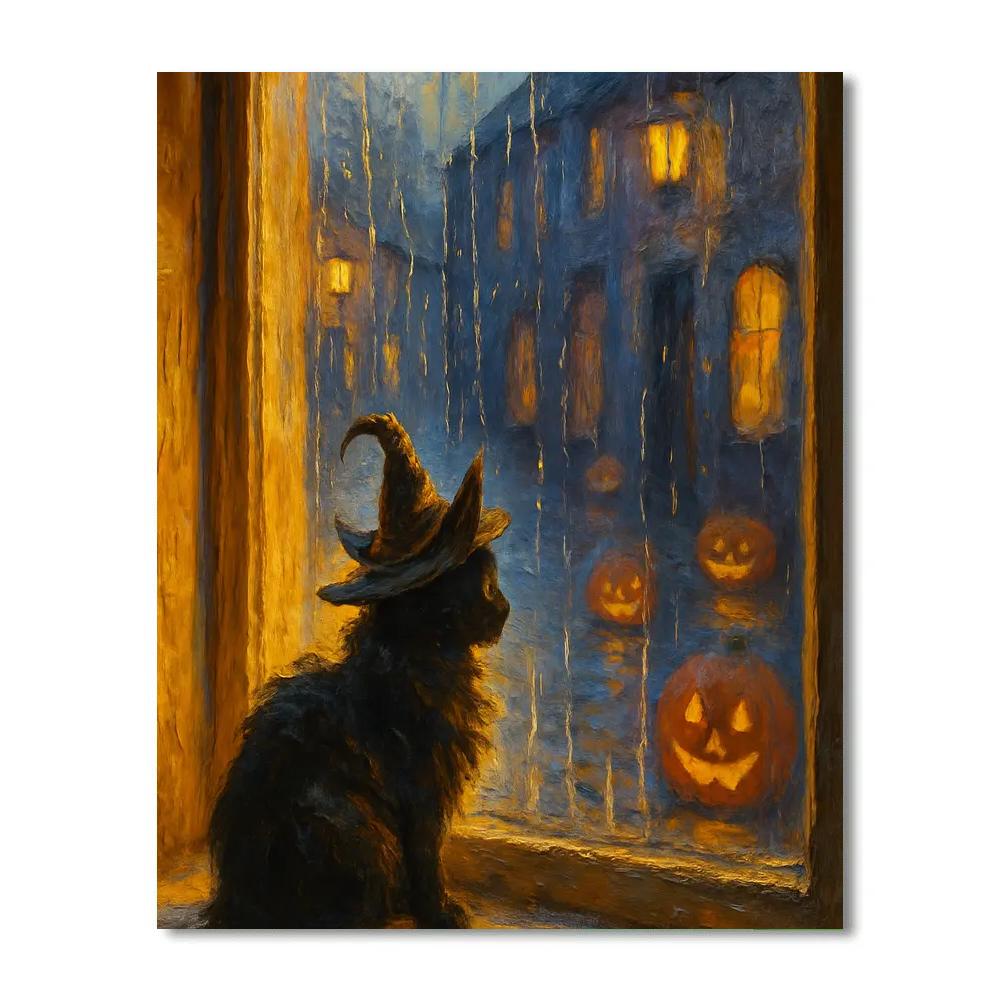 Witch Cat Window Glow On Rainy Halloween Night Painting by numbers kit