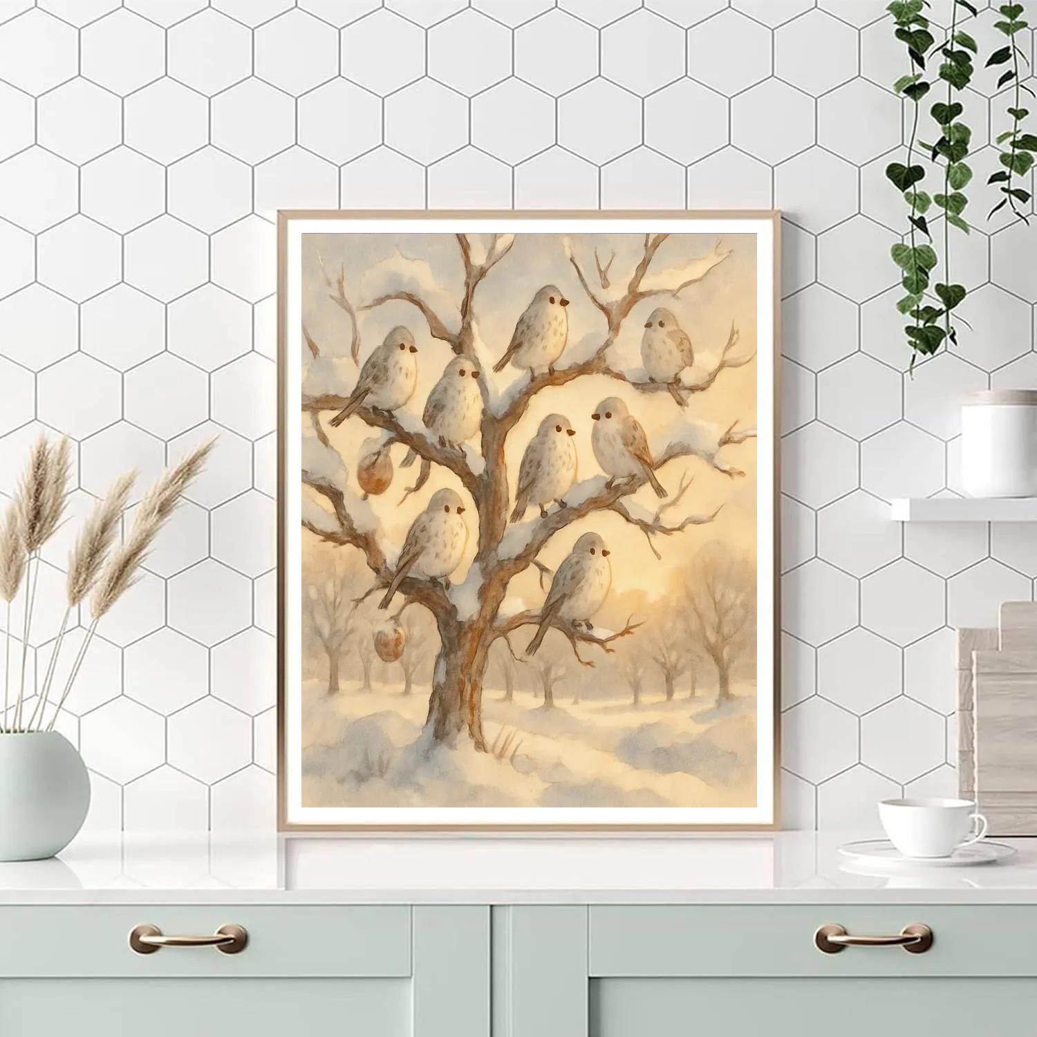 Snowfinches In The Winter Orchard paint by numbers