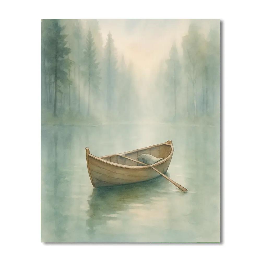 Misty Rowboat At Forest Dawn paint by color