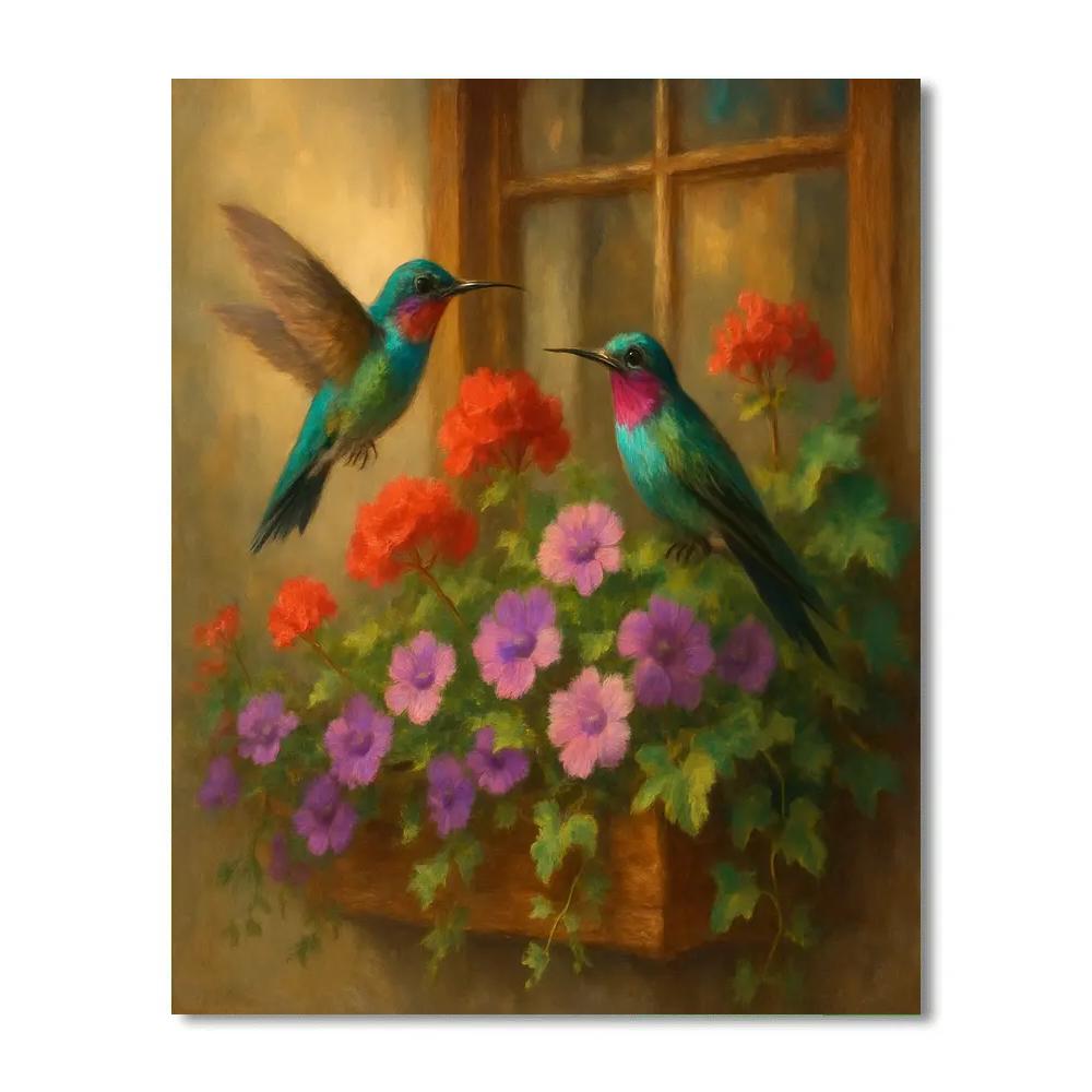 Sunlit Hummingbirds At The Cottage Window paint by number