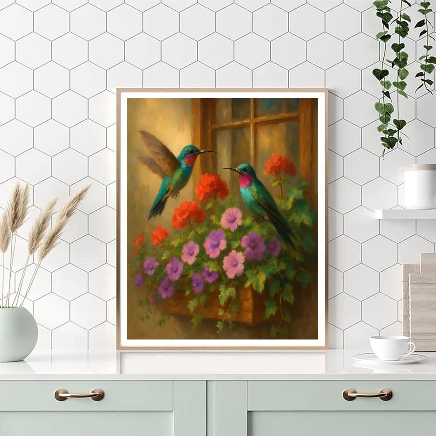 Sunlit Hummingbirds At The Cottage Window paint by number