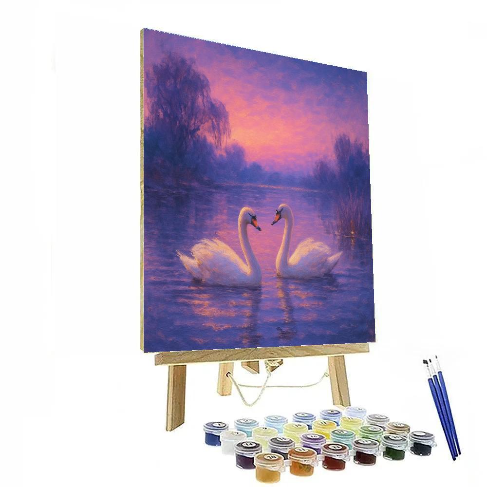 Twilight Swans On Lavender Lake Number painting