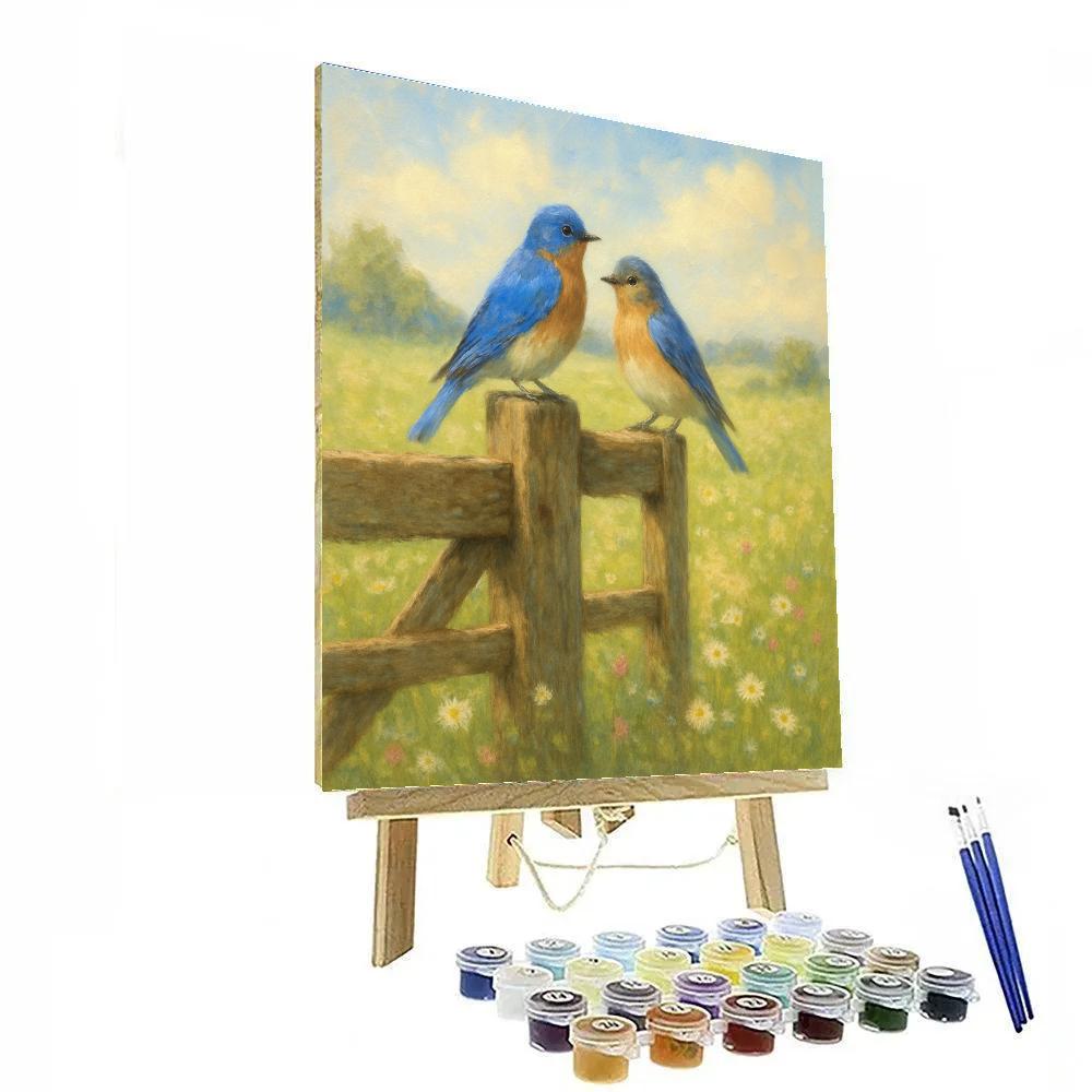 Bluebirds On The Meadow Gate paint by color