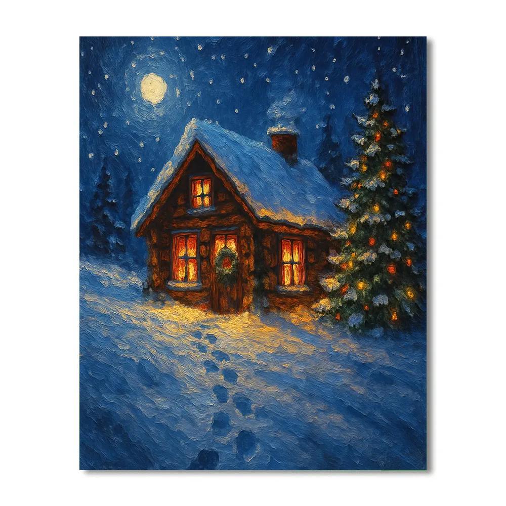Starlit Christmas Cabin On The Hill paint by number