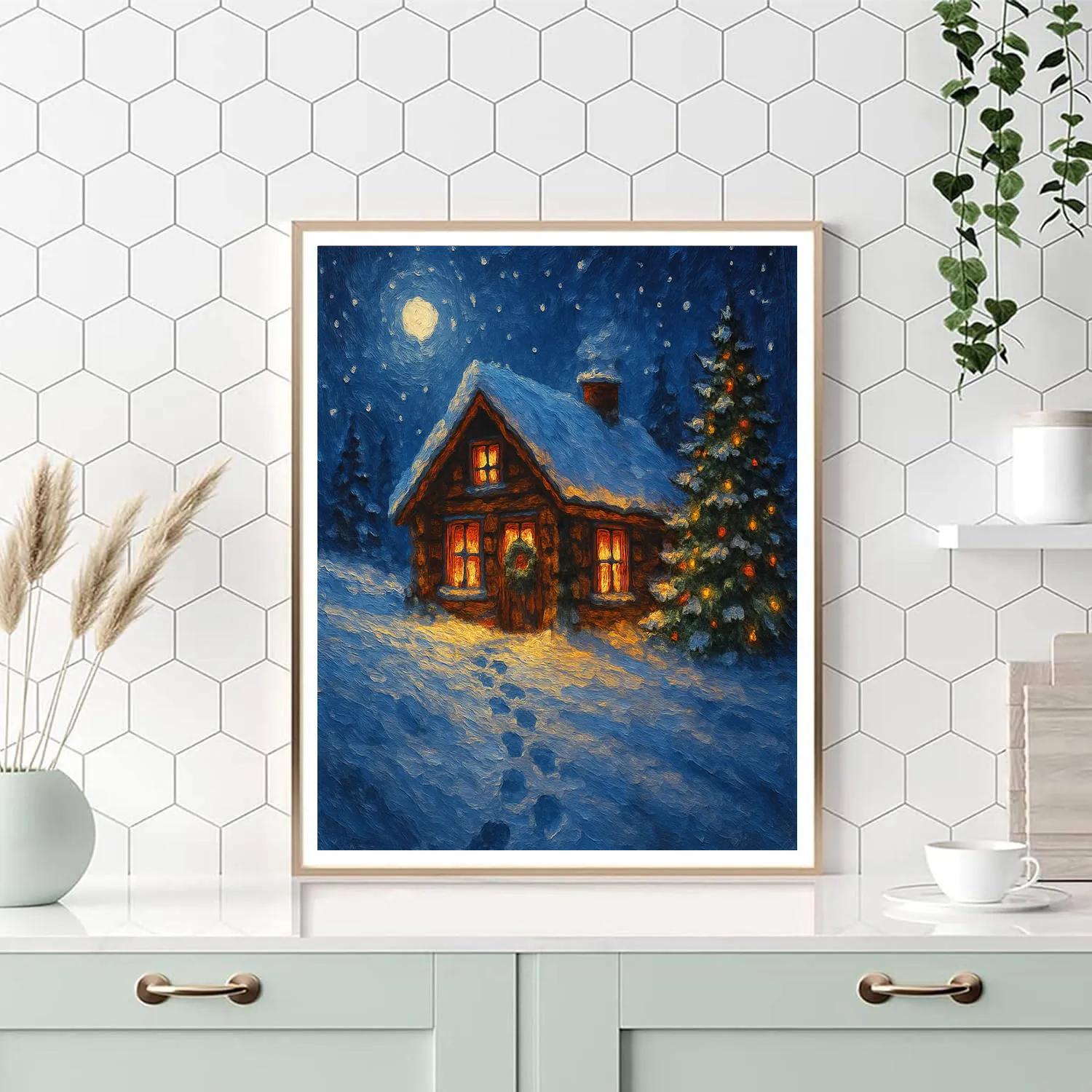 Starlit Christmas Cabin On The Hill paint by number