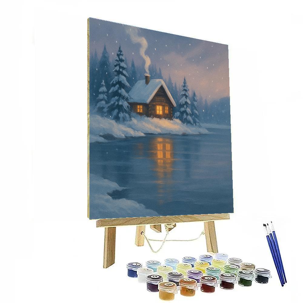 Cabin Reflections In Winter Blue Stillness Paint by numbers art