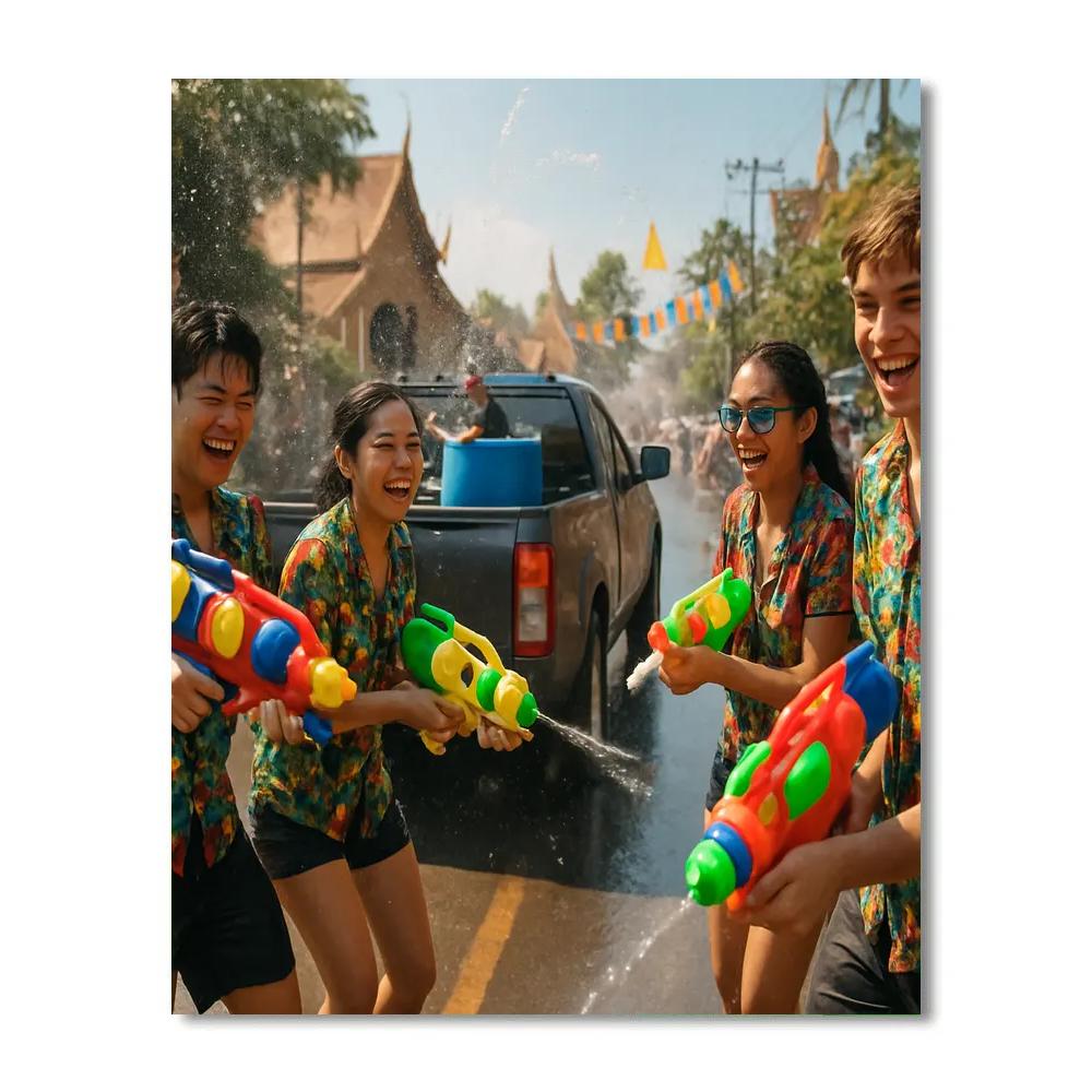 Songkran Water Fight In Chiang Mai paint by numbers