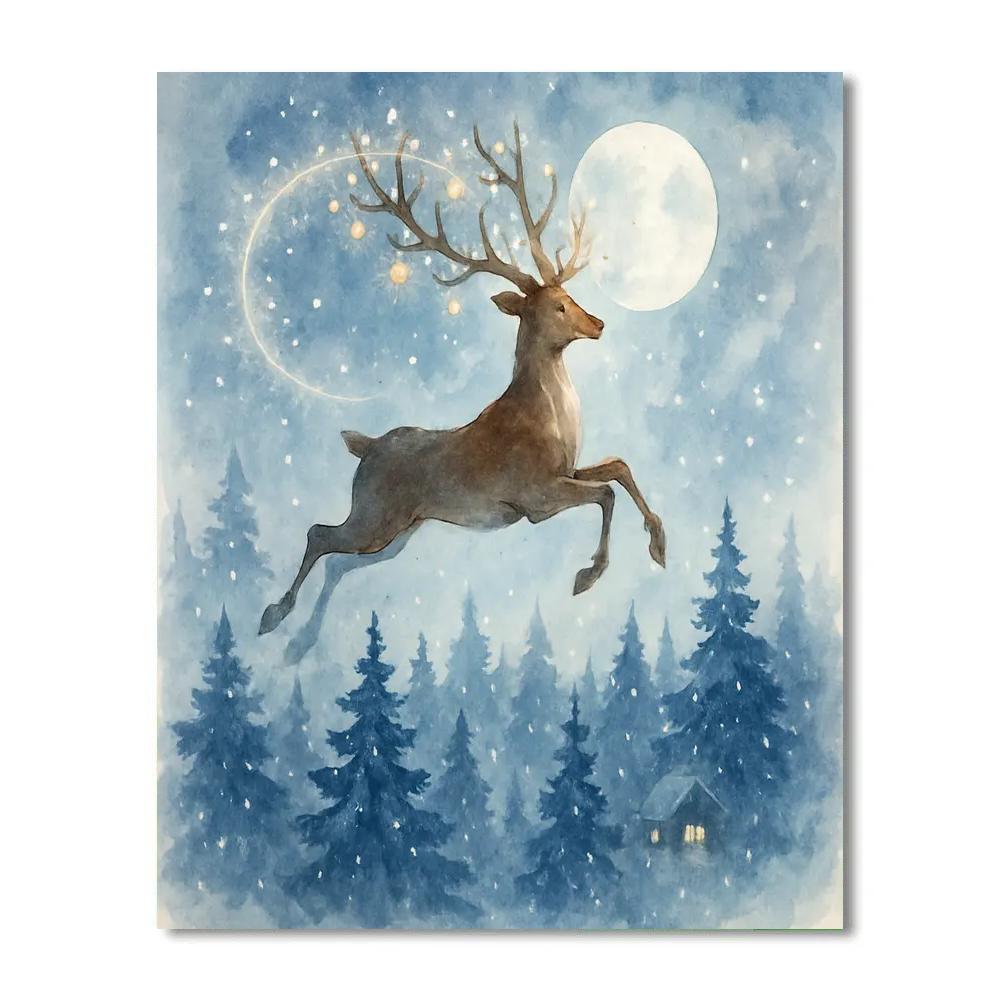 Midnight Reindeer Over Frosted Pines DIY paint by numbers