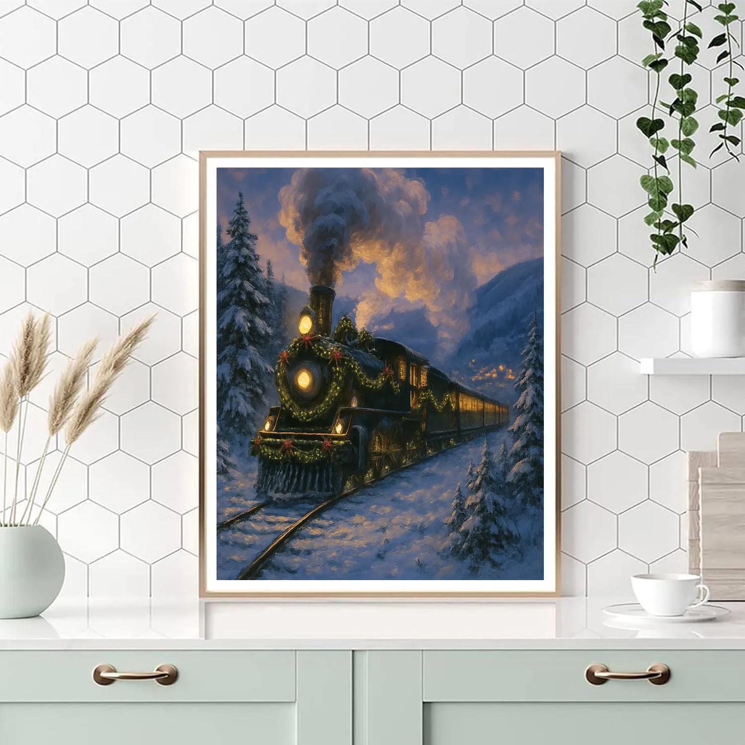 Festive Train Through Snowy Valley paint by numbers
