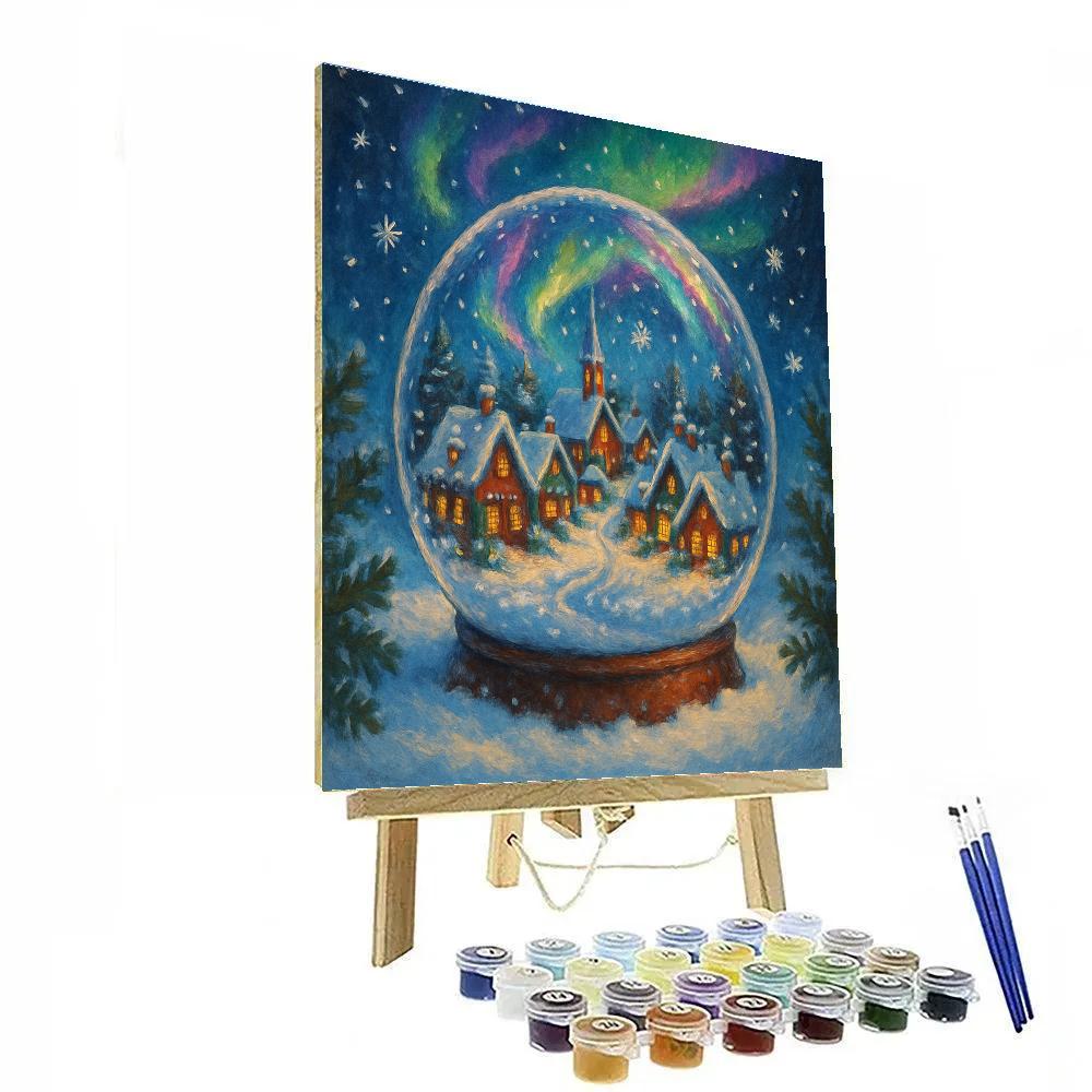 Snowglobe Village Under Northern Lights Paint by numbers art