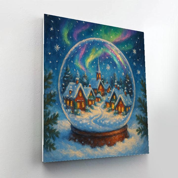 Snowglobe Village Under Northern Lights Paint by numbers art