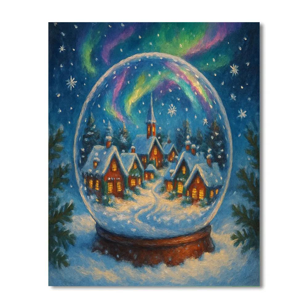 Snowglobe Village Under Northern Lights Paint by numbers art