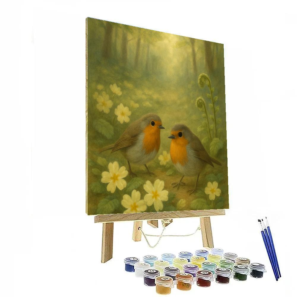Robins Among The Spring Primroses Number painting