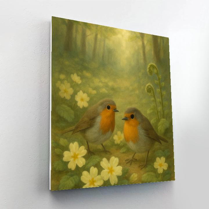 Robins Among The Spring Primroses Number painting