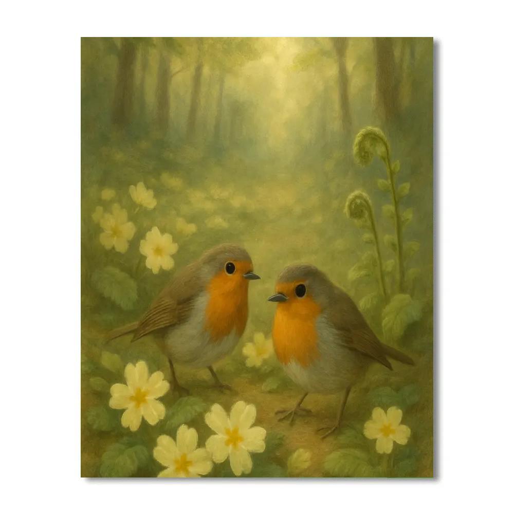 Robins Among The Spring Primroses Number painting