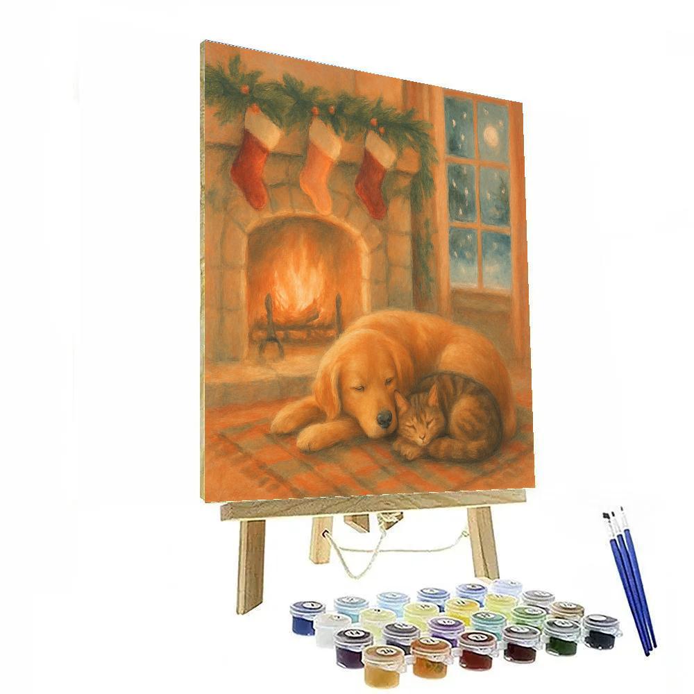Cozy Fireplace With Sleeping Winter Pets Numbered painting kits