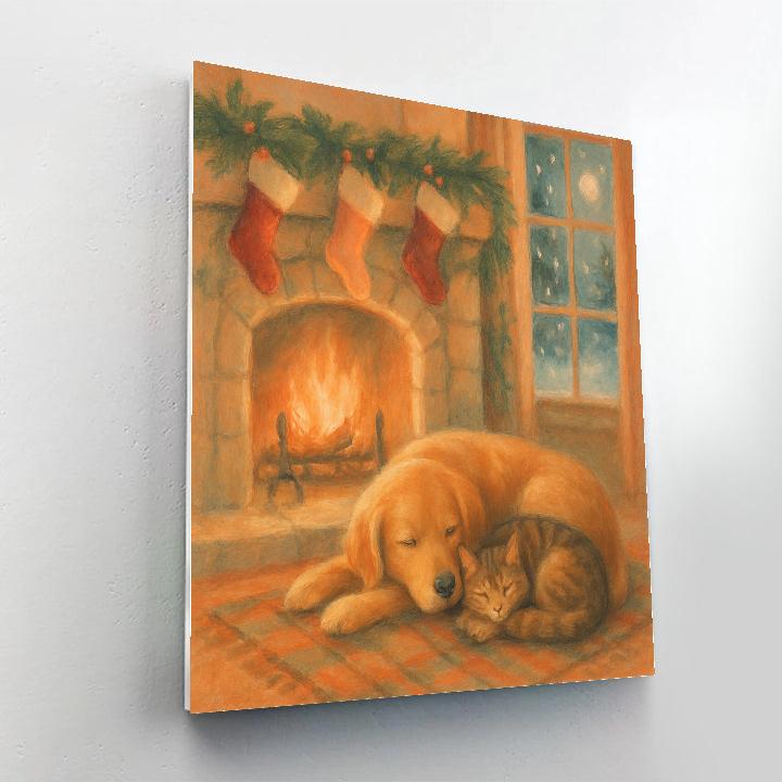 Cozy Fireplace With Sleeping Winter Pets Numbered painting kits