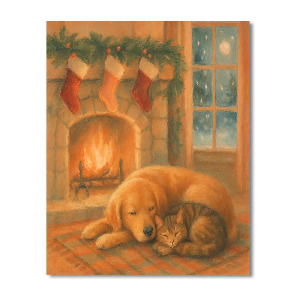 Cozy Fireplace With Sleeping Winter Pets Numbered painting kits