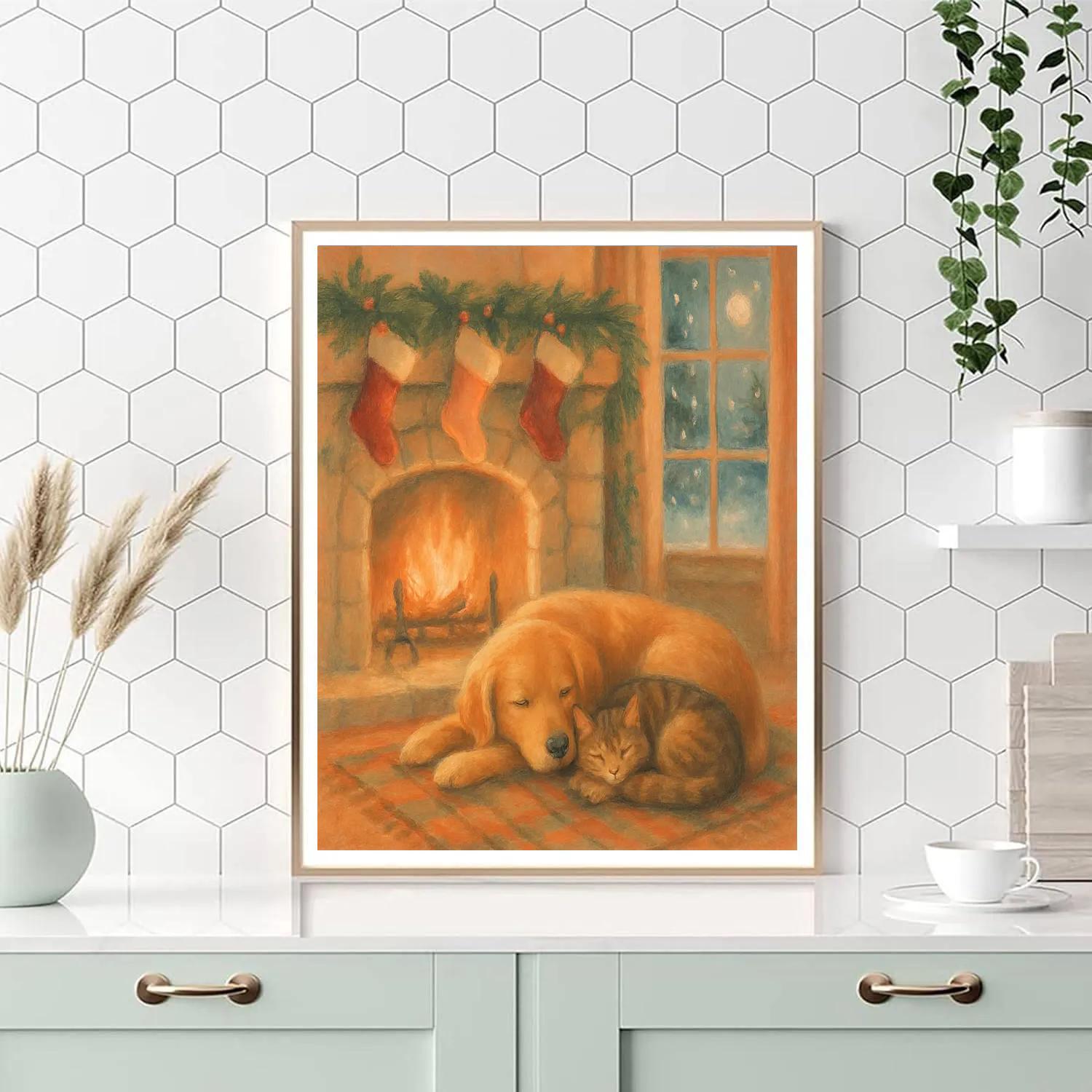 Cozy Fireplace With Sleeping Winter Pets Numbered painting kits