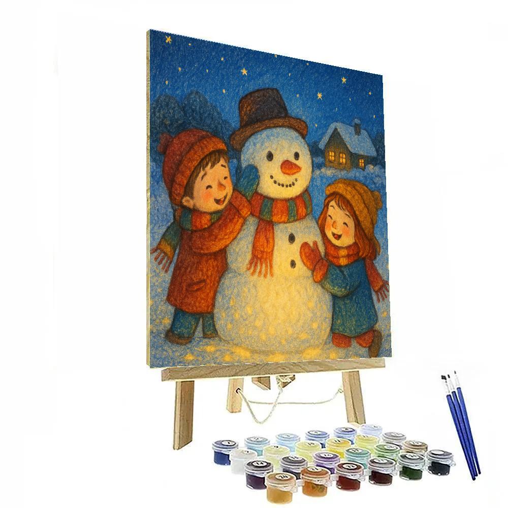 Children Building A Starlight Snowman Number painting