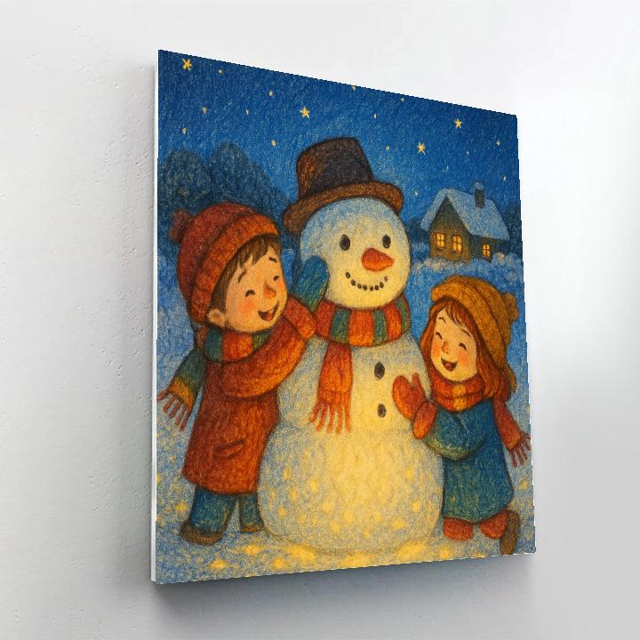 Children Building A Starlight Snowman Number painting