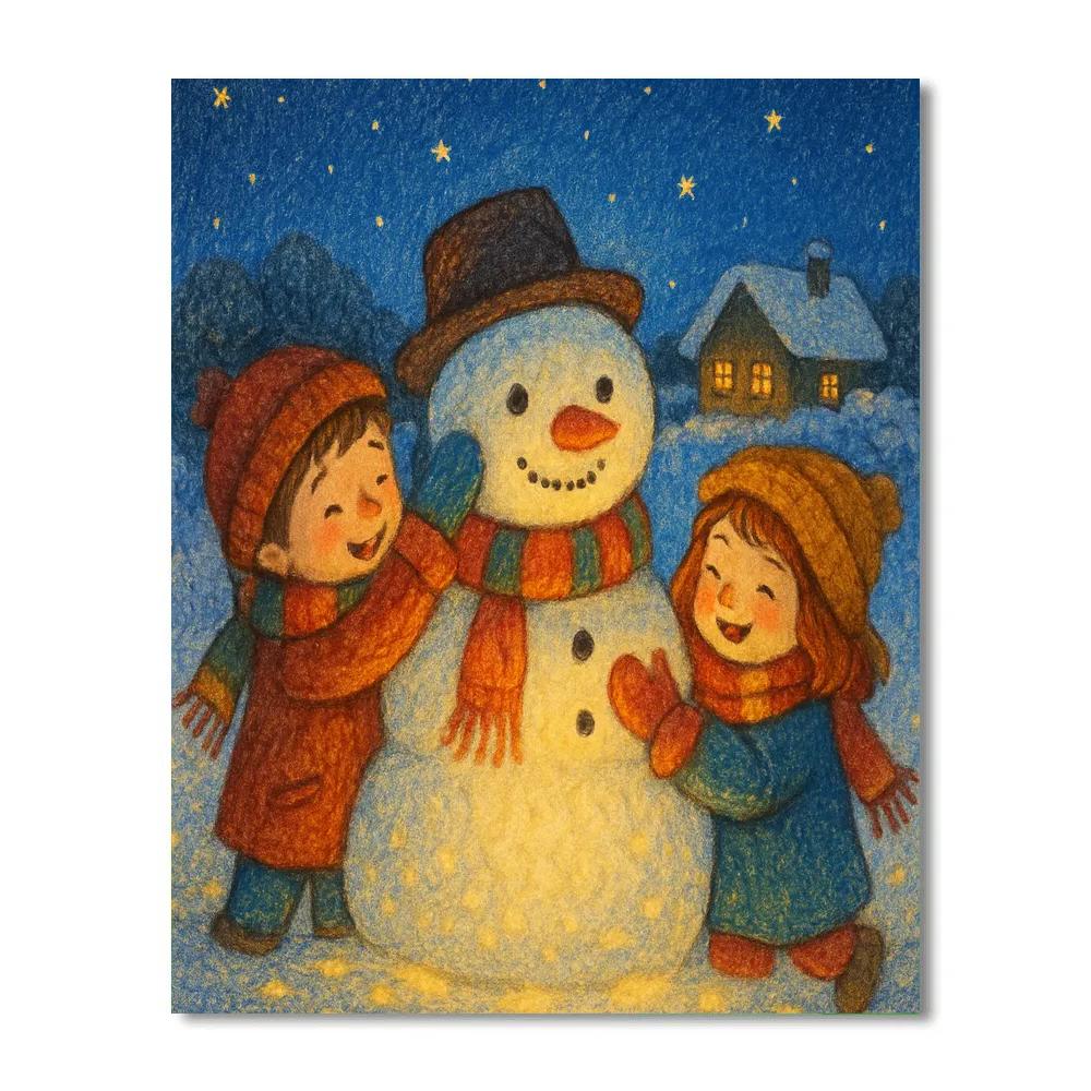 Children Building A Starlight Snowman Number painting